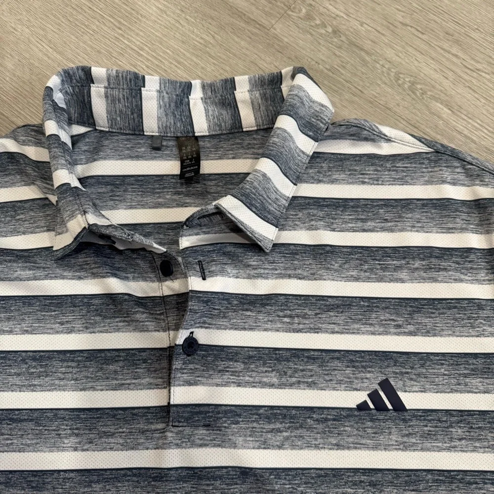 Adidas Men's Navy and White Striped Polo Shirt